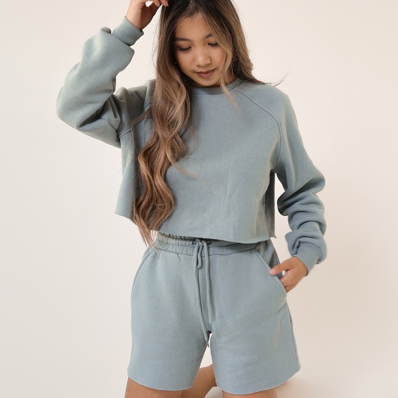 DUSTY SAGE GREEN CROP SWEATER SHORTS SET - Picture 2 of 4